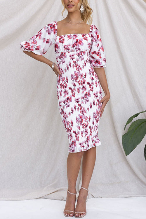 Square Neck Smocked Floral Print Midi Bodycon Dress