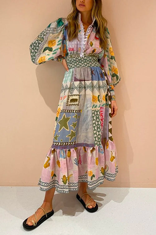Puff Sleeves Smocked Waist Unique Printed Ruffle Maxi Dress