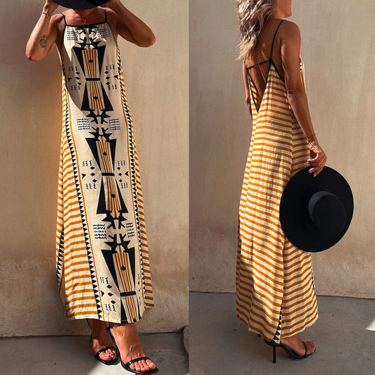 Stripes Splice Backless Ethnic Printed Maxi Cami Dress