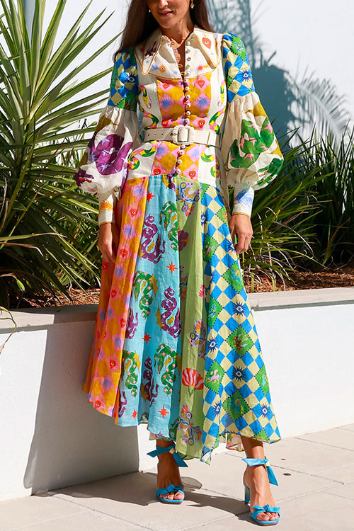Balloon Long Sleeves Belted Unique Printed Swing Maxi Shirtdress