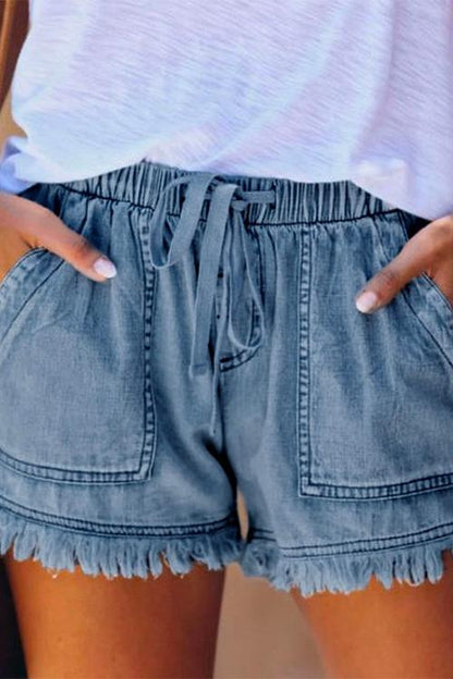 Drawstring Waist Pockets Raw Hem Shorts