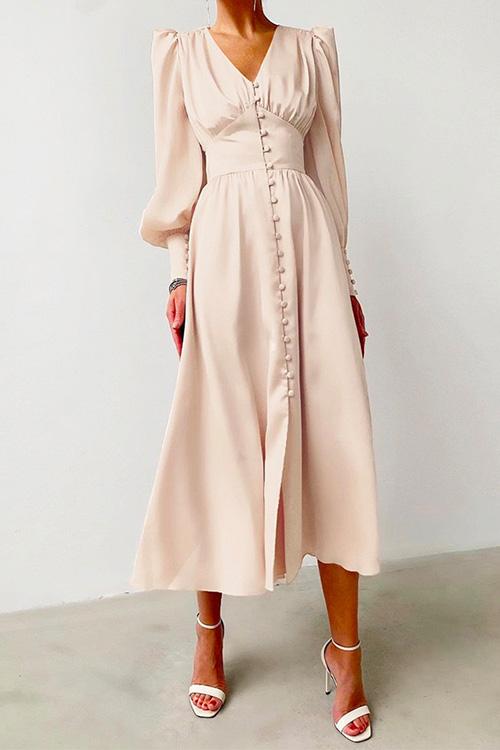 V Neck Puff Sleeve Waisted Ruffle Satin Dress