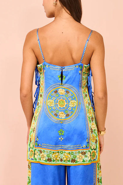 Bow Tie Side Split Cami Top Wide Leg Pants Printed Satin Set