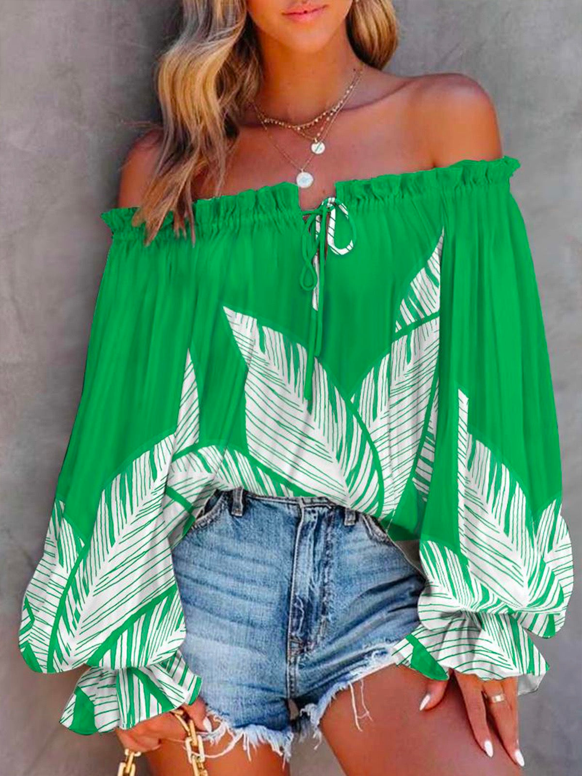 Off Shoulder Long Sleeve Printed Pullover Top