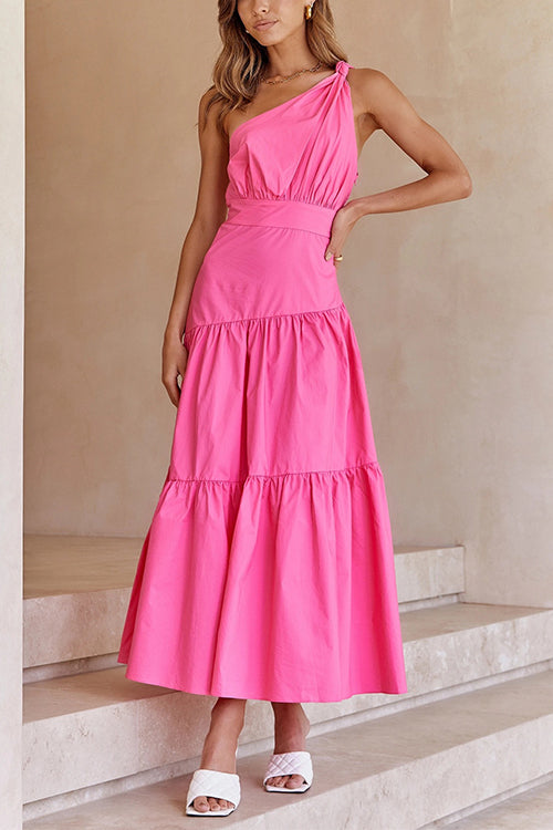 (4 Colors)One Shoulder High Waist Tiered Maxi Dress