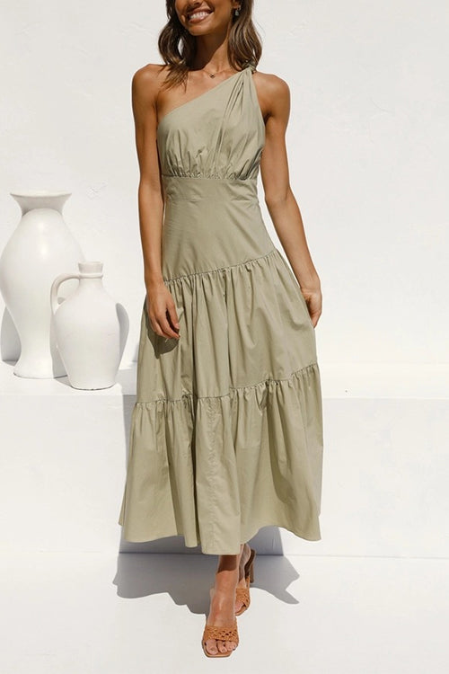 (4 Colors)One Shoulder High Waist Tiered Maxi Dress