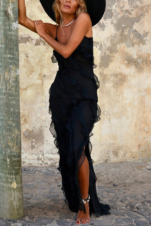 Adjustable Straps Backless Frilled Maxi Party Dress
