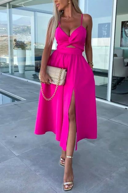 V Neck Backless Twist Front Cut Out Slit Cami Party Dress