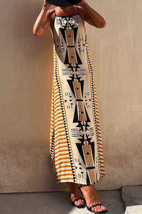 Stripes Splice Backless Ethnic Printed Maxi Cami Dress