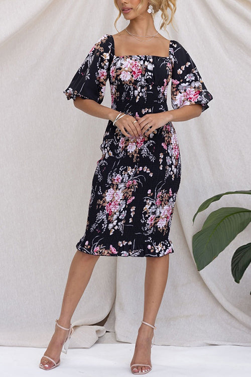 Square Neck Smocked Floral Print Midi Bodycon Dress