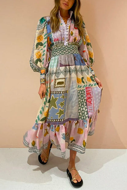 Puff Sleeves Smocked Waist Unique Printed Ruffle Maxi Dress