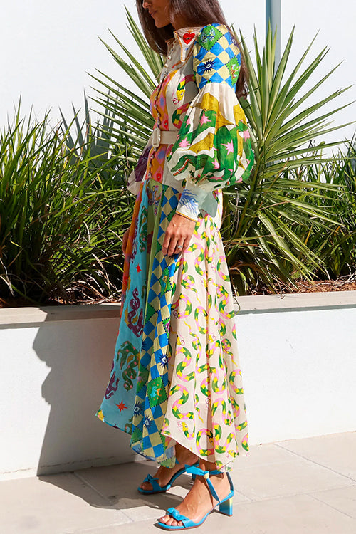 Balloon Long Sleeves Belted Unique Printed Swing Maxi Shirtdress