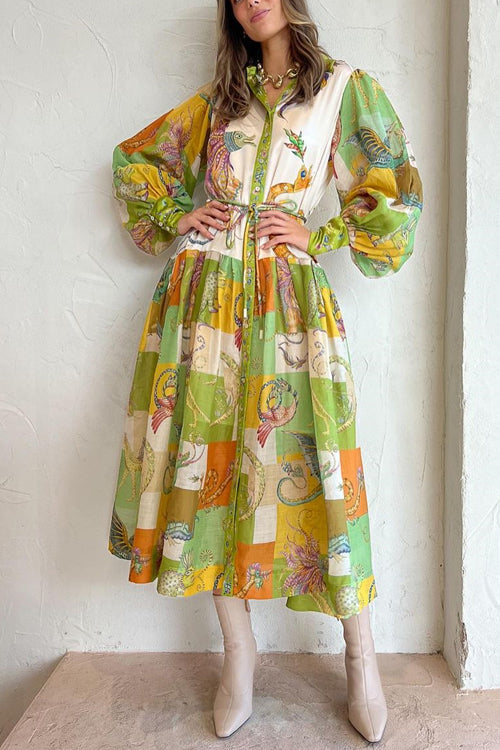Balloon Sleeve Tie Waist Graphic Pattern Swing Shirt Dress