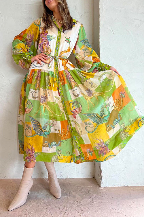 Balloon Sleeve Tie Waist Graphic Pattern Swing Shirt Dress