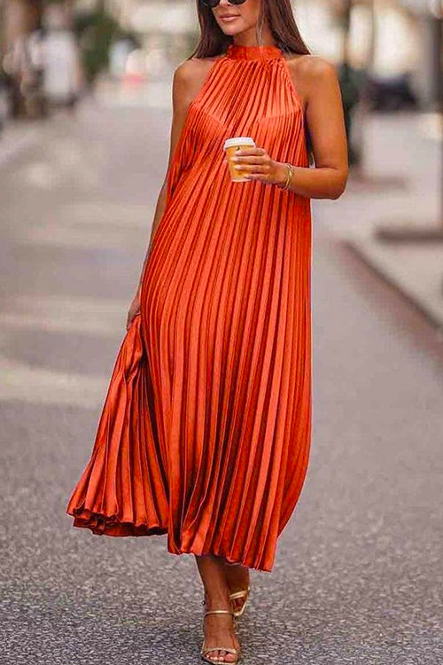 Solid Sleeveless Pleated A-line Holiday Dress