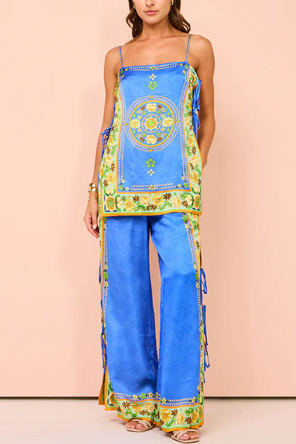 Bow Tie Side Split Cami Top Wide Leg Pants Printed Satin Set