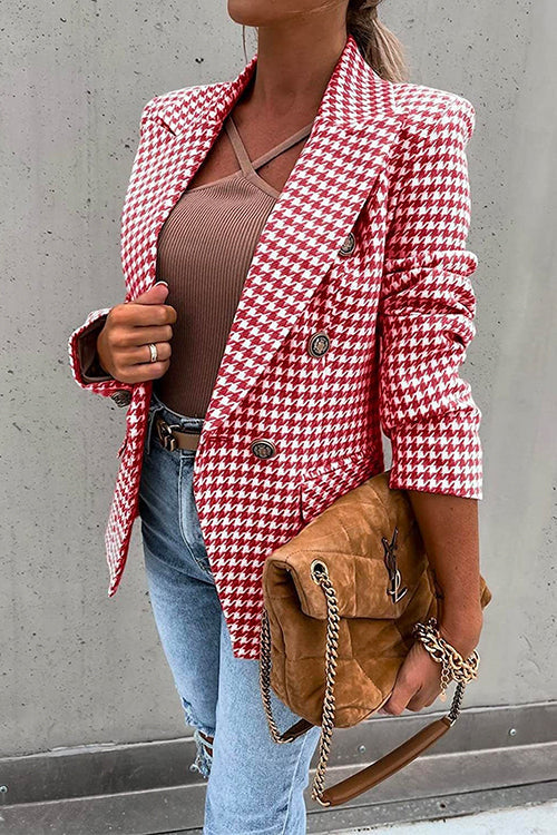Claasic Double Breasted Slim Fit Houndstooth Blazer