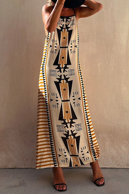 Stripes Splice Backless Ethnic Printed Maxi Cami Dress