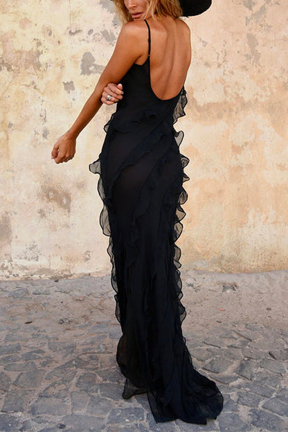 Adjustable Straps Backless Frilled Maxi Party Dress