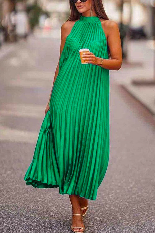 Solid Sleeveless Pleated A-line Holiday Dress