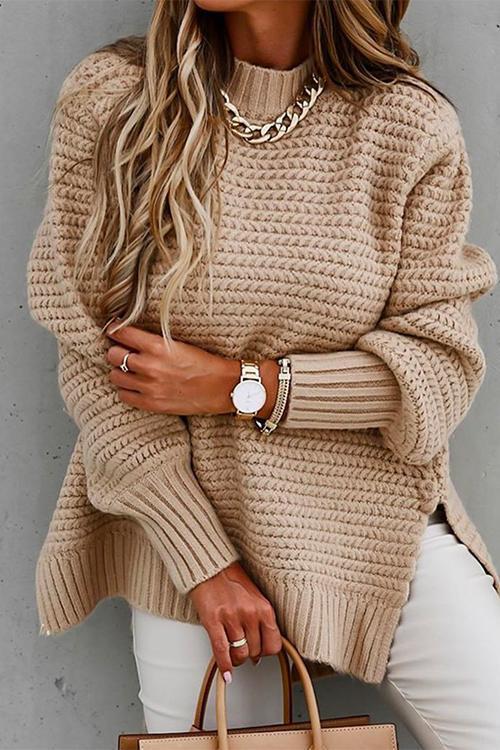 Mockneck Side Split Chunky Knit Sweater