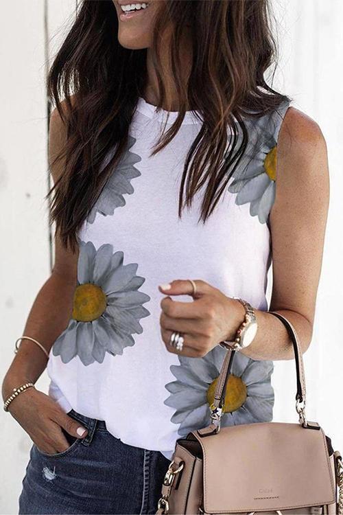 Crewneck Sleeveless Sunflower Printed Tops