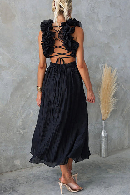 Back Lace-up Ruffle Trim Sleeveless Maxi Dress