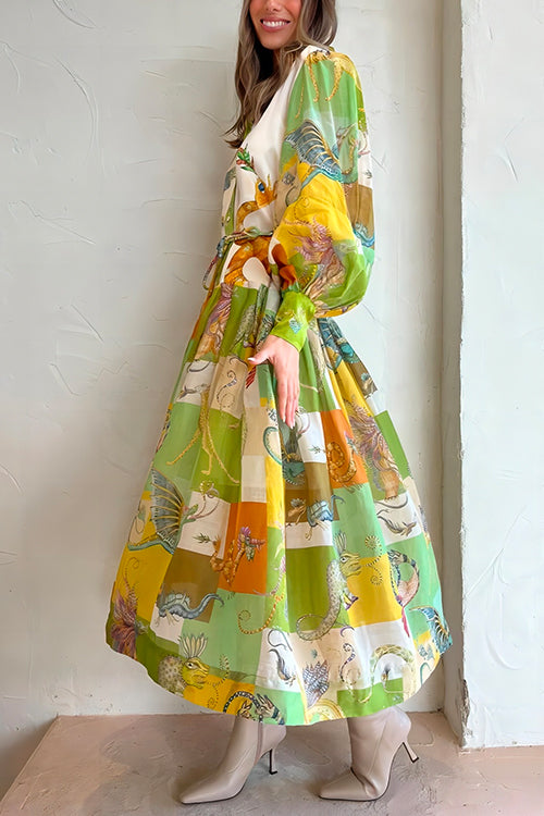 Balloon Sleeve Tie Waist Graphic Pattern Swing Shirt Dress