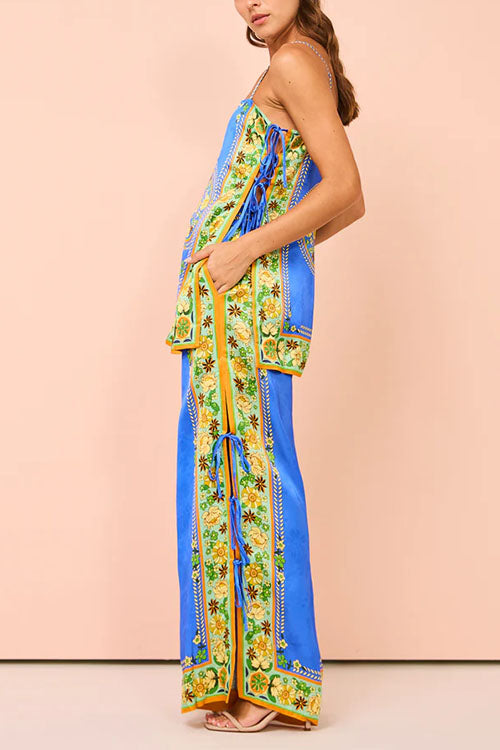 Bow Tie Side Split Cami Top Wide Leg Pants Printed Satin Set