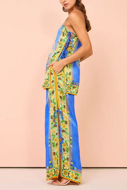 Bow Tie Side Split Cami Top Wide Leg Pants Printed Satin Set