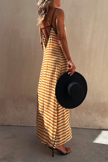 Stripes Splice Backless Ethnic Printed Maxi Cami Dress