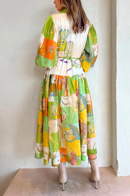 Balloon Sleeve Tie Waist Graphic Pattern Swing Shirt Dress