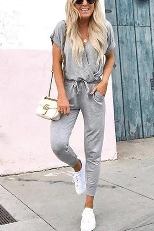 V Neck Tie Waist Solid Jumpsuit with Pockets