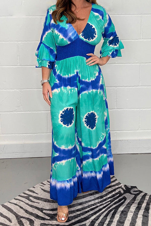 V Neck Bell Sleeves Smocked Waist Wide Leg Printed Jumpsuit