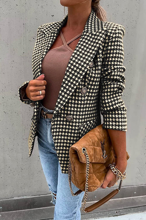 Claasic Double Breasted Slim Fit Houndstooth Blazer