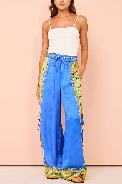 Bow Tie Side Split Cami Top Wide Leg Pants Printed Satin Set