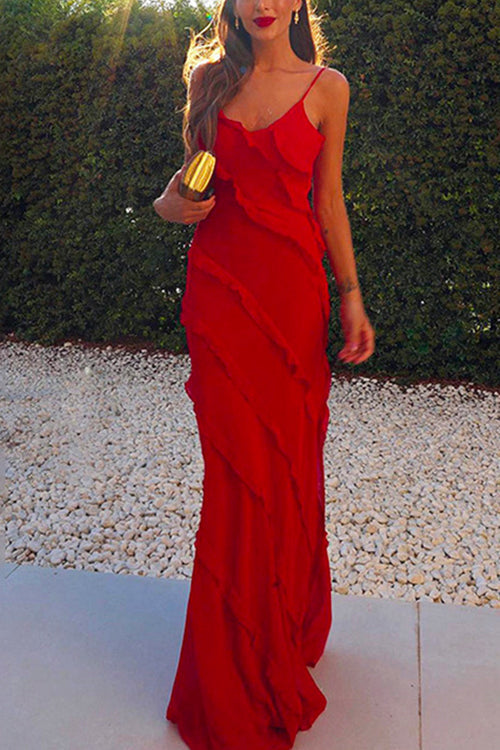 Adjustable Straps Backless Frilled Maxi Party Dress