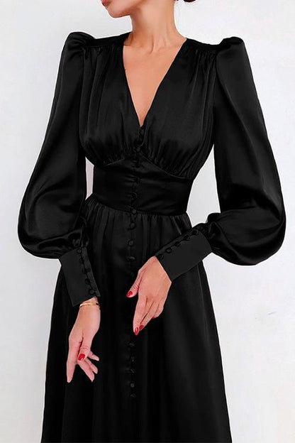 V Neck Puff Sleeve Waisted Ruffle Satin Dress