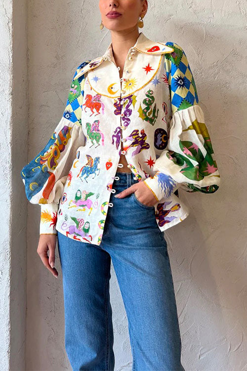 Balloon Long Sleeve Graffiti Printed Blouse Shirt