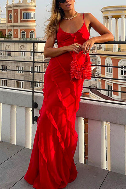 Adjustable Straps Backless Frilled Maxi Party Dress