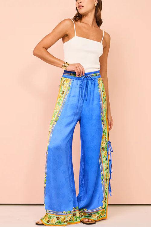 Bow Tie Side Split Cami Top Wide Leg Pants Printed Satin Set