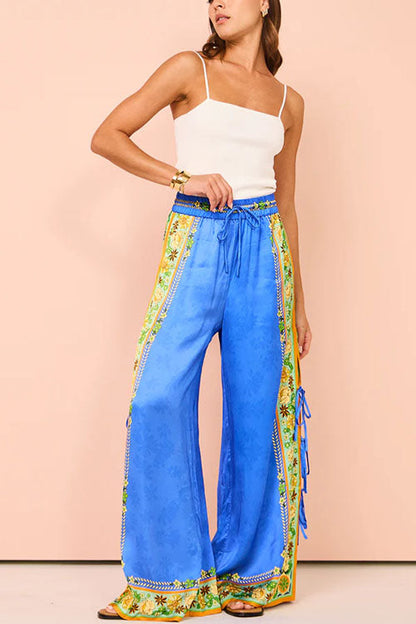 Bow Tie Side Split Cami Top Wide Leg Pants Printed Satin Set