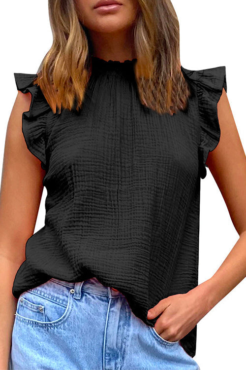 Mockneck Sleeveless Ruffle Trim Chiffon Top