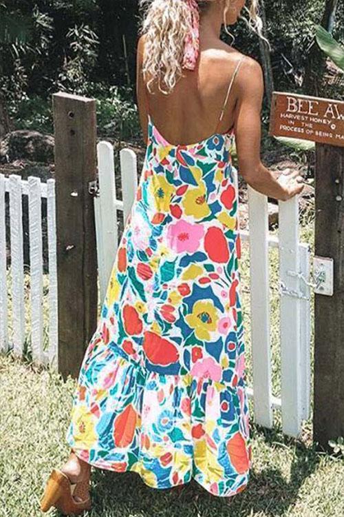 V Neck Floral Print Maxi Cami Dress
