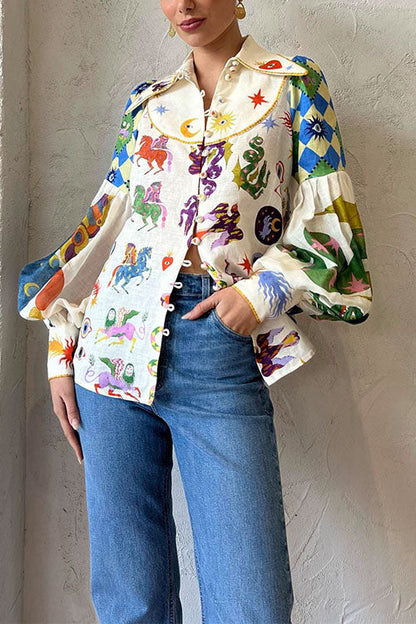 Balloon Long Sleeve Graffiti Printed Blouse Shirt