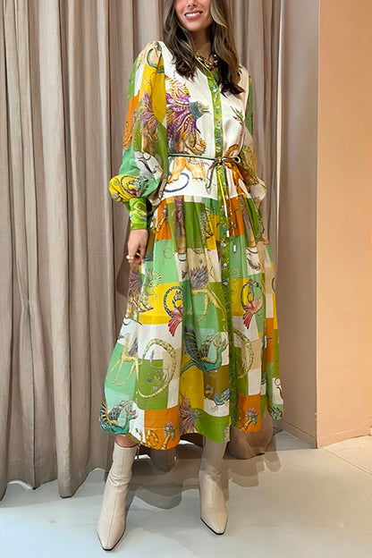 Balloon Sleeve Tie Waist Graphic Pattern Swing Shirt Dress