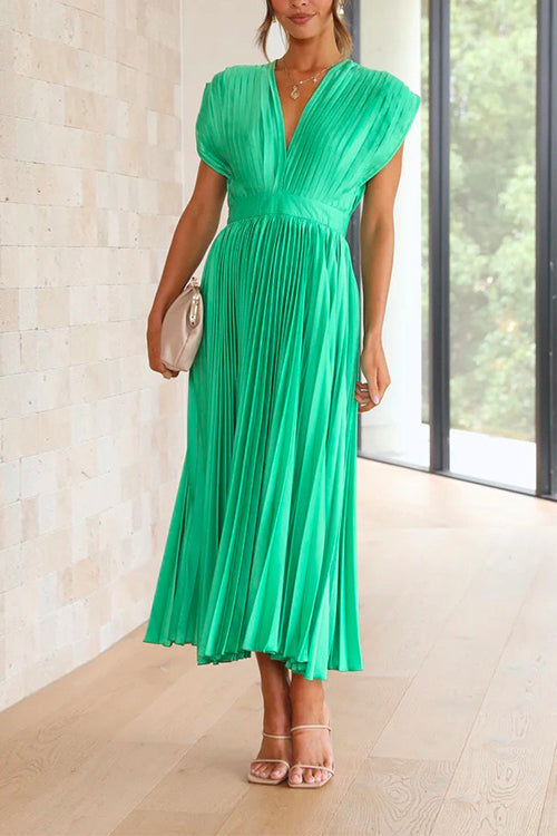 Deep V Neck Waisted Maxi Pleated Swing Dress