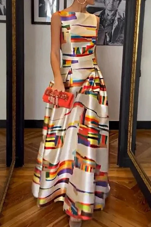 Open Back Sleeveless Printed Maxi Swing Dress