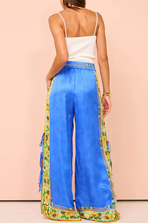 Bow Tie Side Split Cami Top Wide Leg Pants Printed Satin Set