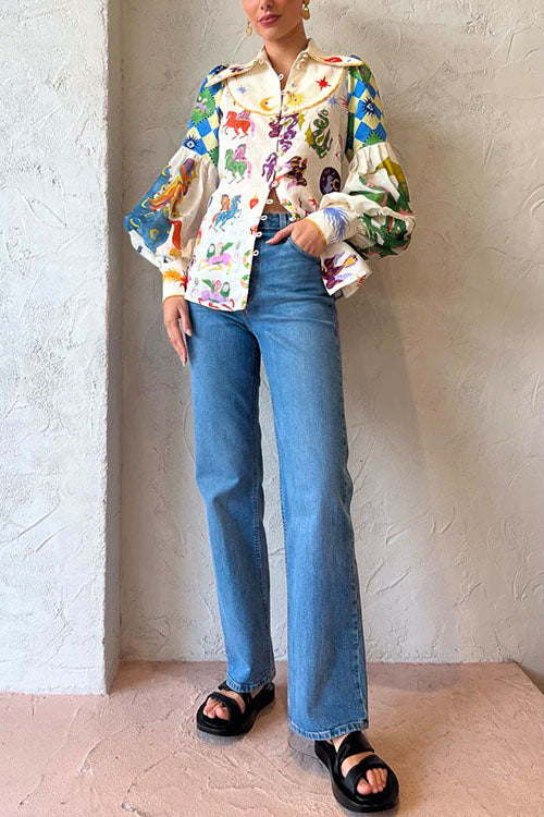 Balloon Long Sleeve Graffiti Printed Blouse Shirt